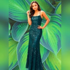 PromGirl Rated PG - Green Statement-Back Long Sequin Prom Dress